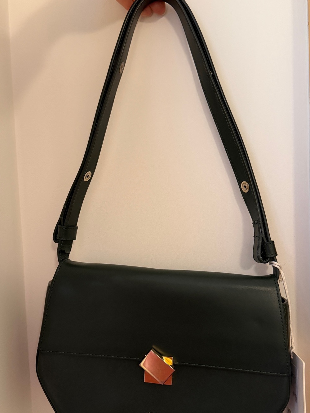 Dark green CLOSED Leather Shoulder Bag with Geometric Gold Accent